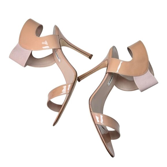 NWT Manolo Blahnik Sandals Sz 10 Nude Patent Leather Stiletto Heel Minimalist - Picture 9 of 14